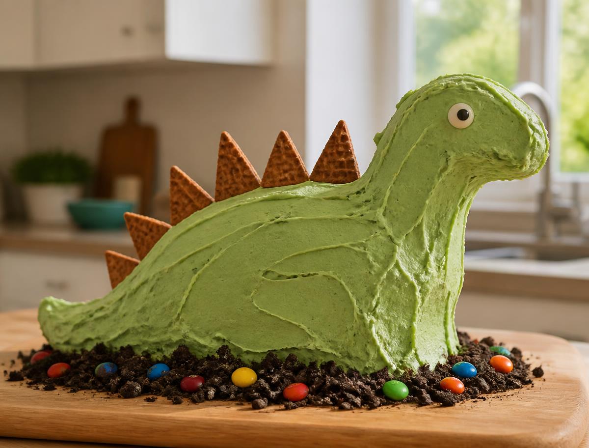 Dinosaur Cake made together at home on a cake board