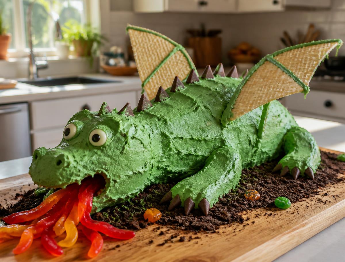 Dragon Cake made together at home on a cake board
