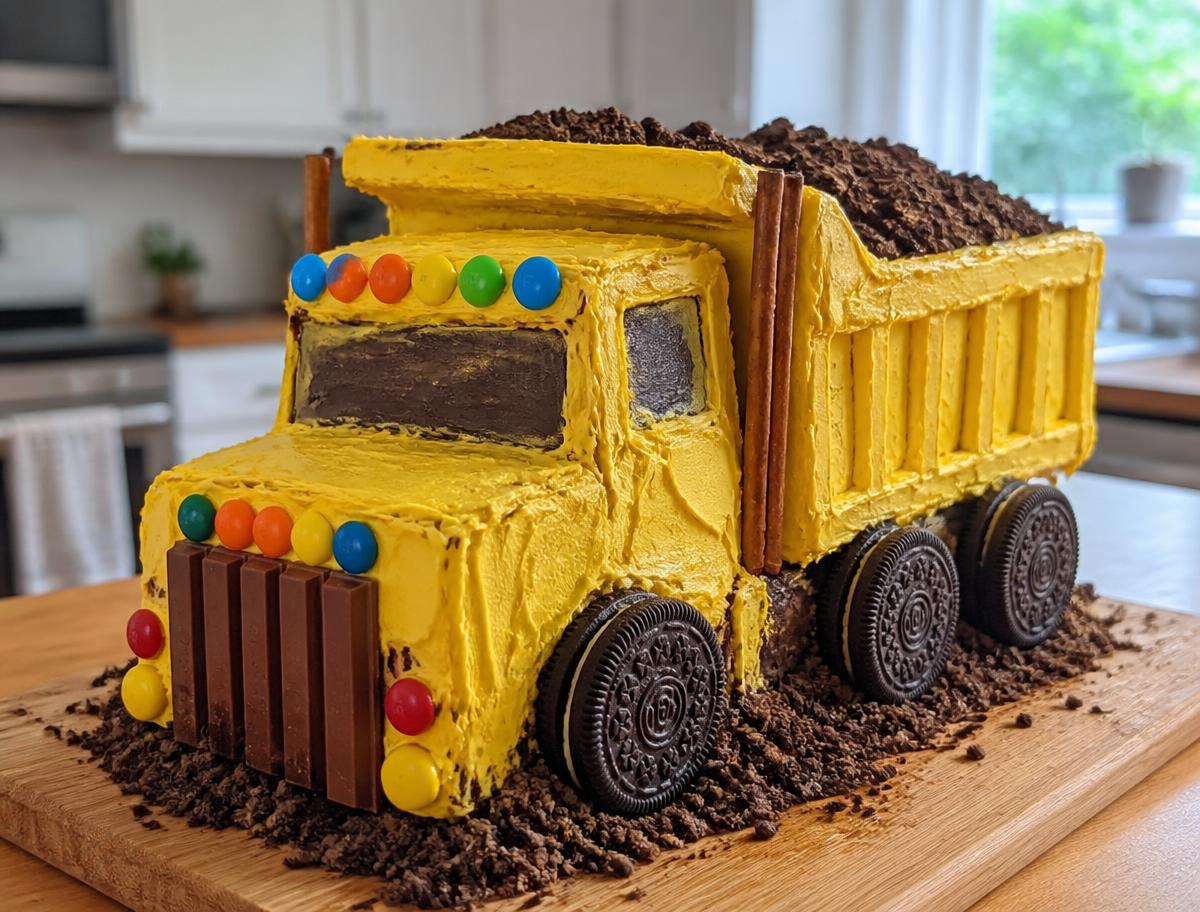 Dump Truck Cake made together at home on a cake board