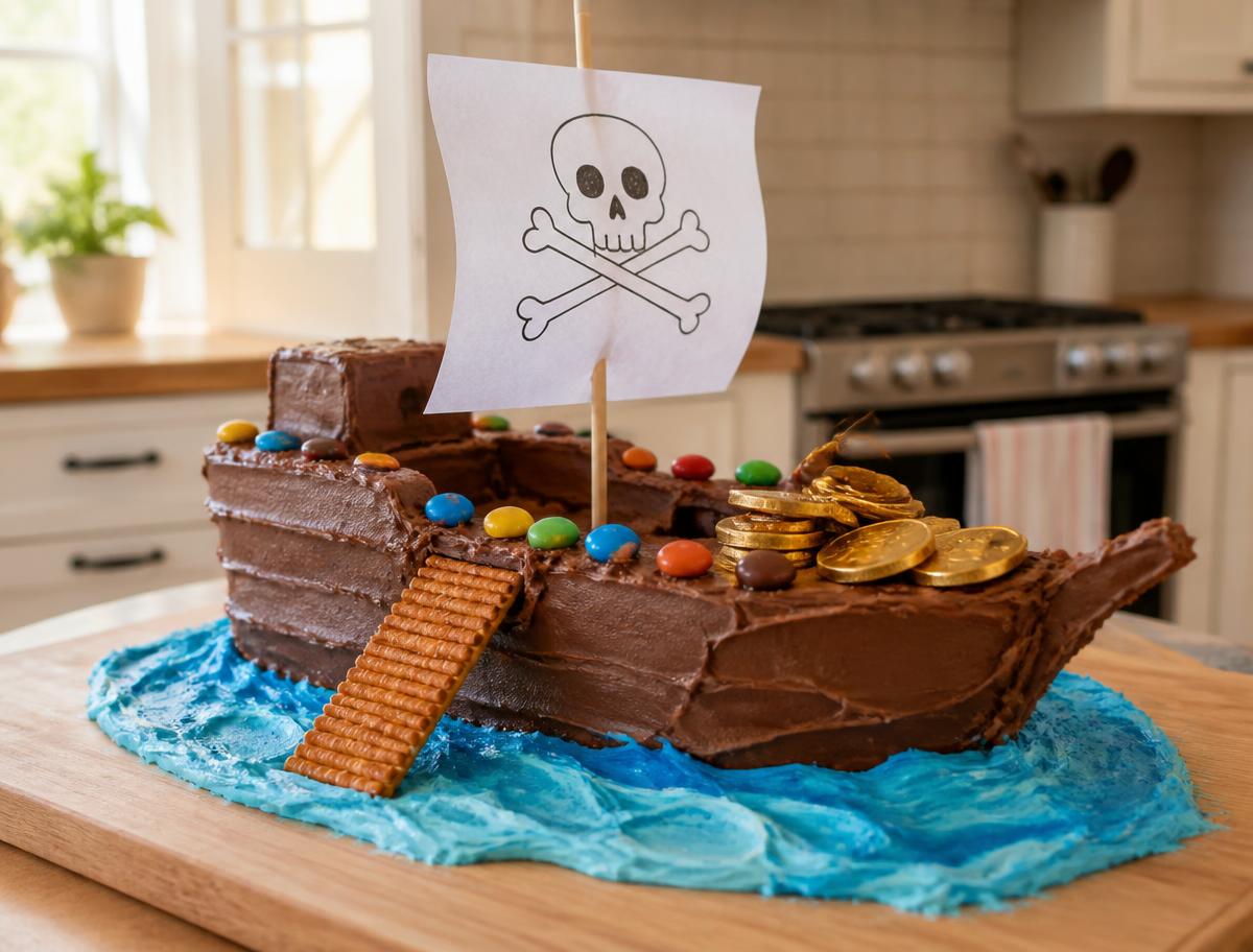Pirate Ship Cake made together at home on a cake board