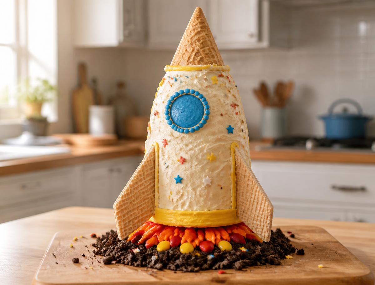 Rocket Cake made together at home on a cake board