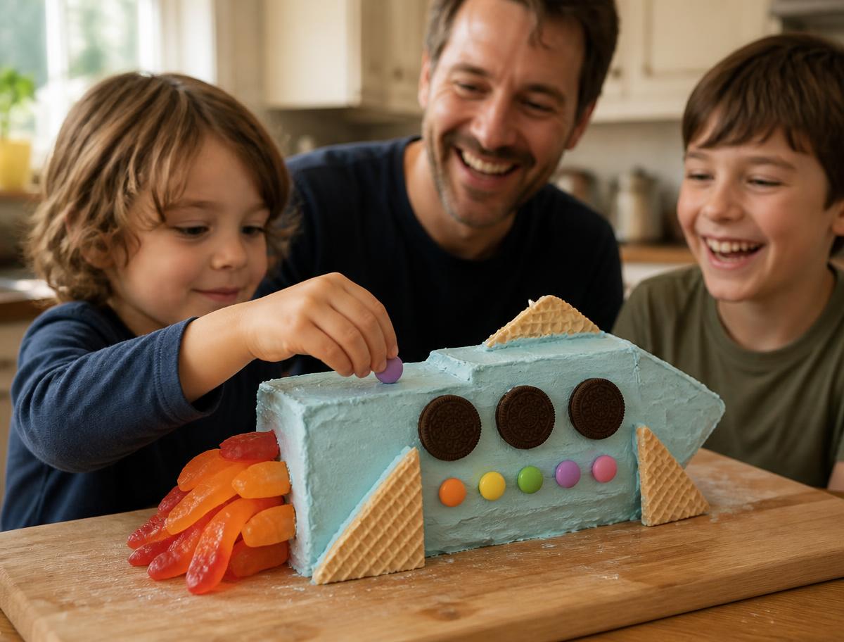 A child pressing a candy button onto a homemade rocket cake while their dad and brother laugh