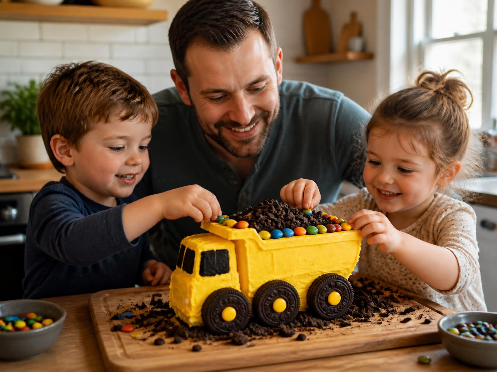 A dad and two children pressing sweets onto a homemade birthday cake together at the kitchen table